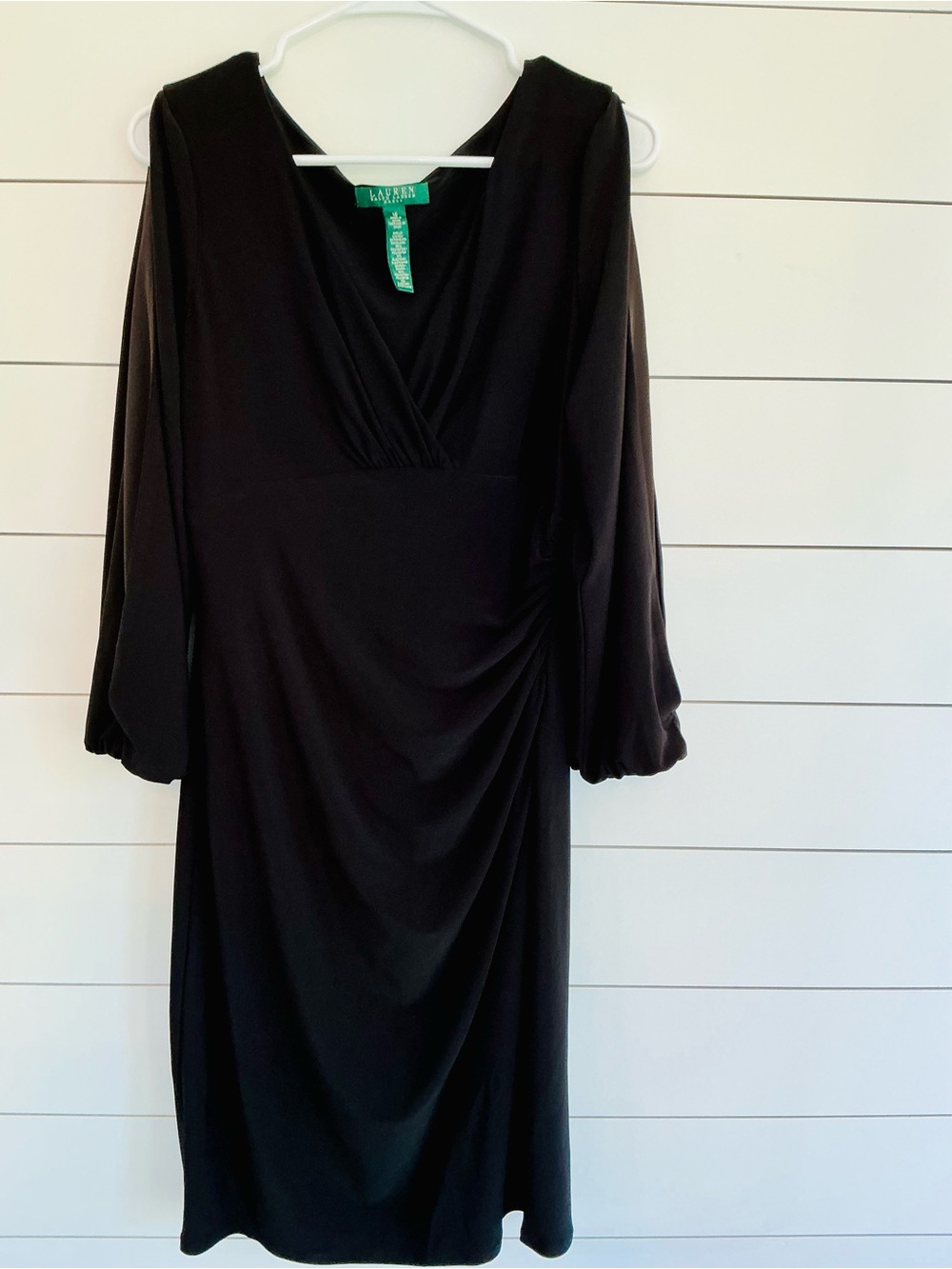 Women’s Lauren Ralph Lauren Black V-Neck Midi Dress with Side Gather Size 10